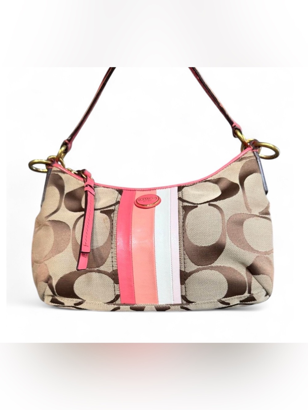 Coach Beige Signature Canvas Shoulder Bag with Pink Stripes - Picture 15 of 15